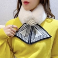 White faux fur neck warmer with black and white striped knitted bow detail for winter - White Black Triangle Stripe