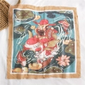 Red festive cotton linen square scarf with God of Wealth and Koi fish illustration - Lucky Koi Accompany (Light Blue Edge)