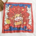 Red cotton linen square scarf with festive Chinese New Year Ox and koi fish print - Auspicious Ox (Bright Red)