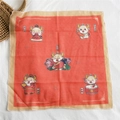 Festive red cotton linen square scarf with cartoon Chinese zodiac ox print and beige border - Five Little Oxen (Beige Edge)