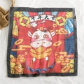 Festive red cotton-linen square scarf with Chinese New Year ox and lucky cloud patterns - Year of the Ox Lucky (Red)