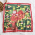 Christmas themed cotton linen square scarf with Santa Claus and reindeer festive print - Christmas Sleigh (Red Edge)
