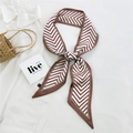 Brown herringbone narrow silk scarf tied as a bow for hair or handbag handle styling - 6L Arrow Stripe Camel Edge