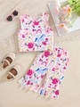 Completo estivo da bambina a due pezzi con stampa unicorno e pantaloni a zampa - 4Y / Stile Con Stampa Unicorno Floreale Arcobaleno (BYT0147)