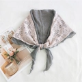 Elegant pink floral lace and grey cotton linen triangular scarf for women style - Floral Solid Patchwork Gray