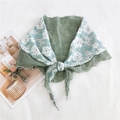 Pastoral dark green linen scarf with white floral lace applique and front knot - Floral Solid Patchwork Green
