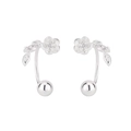 Silver flower stud earrings with crystal leaf accents and screw ball back closure - White Gold
