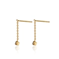 Macro detail of gold-plated geometric cube earrings with brushed finish and long chain link - Gold