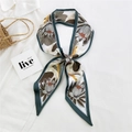 Elegant white floral silk scarf with lotus print and dark green border for hair and bags - 16L Crane Lotus Green