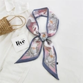 Long silk-feel twilly scarf featuring elegant crane and lotus prints in grey and pink - 18L Crane Lotus Grey