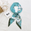 Lake blue long skinny silk scarf with white horse print for hair and bag handle - 20L Western Horse Cyan