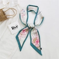 Narrow silk scarf for hair and bags with white floral patterns and blue borders - 27L Constellation Cyan