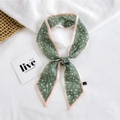 Fashionable dark green narrow silk scarf with white floral print and pink edges for hair and bags - Chiffon White Flower Green