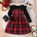 Abito bambina a maniche lunghe scozzese rosso con corpetto in maglia nera e volant - 100cm (3-4 anni)