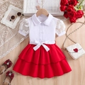 Mädchen Sommer-Set mit weißem Netzhaut-Hemd und rotem Lagenrock mit Schleife - 100cm (3-4 Jahre) / Weißes Hemd + Roter Rock