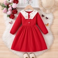 Girl's red long-sleeve dress with white floral embroidery Peter Pan collar - Red / 100cm