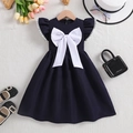 Elegantes marineblaues Mädchenkleid mit weißer Schleife und Rüschen-Spitzenärmeln - Kleider / Saphirblau / 110cm (4-5J)