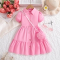 Girls' pink puff sleeve princess dress with pearl buttons and matching crossbody bag - 100cm / Pink