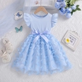 Vestido azul claro para niña con mangas de volante, falda de tul y mariposas en 3D - 100cm / Azul claro