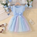 Blue flutter sleeve dress with starry rainbow mesh skirt and pearl handbag - 100cm / Light Blue