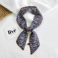 Pinkish brown silk twilly with dark blue leaf print and knot on white cloth - Chiffon Autumn Leaves Pink