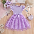 Vestido de verano lila para niñas con tul de mariposas y mangas de volantes - 100cm / Morado