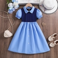 Girls' patchwork dress with navy vest and sky blue puff sleeves on wooden floor - 100cm (3-4 Years) / Blue/Color Blocking