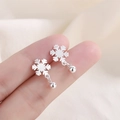 Pendientes de plata cepillada con forma de copo de nieve y cuentas pulidas para mujer - Estilo de Perla Redonda de Copo de Nieves Cepillado (A29)