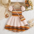 Bohemian girls' puff sleeve patchwork dress in apricot with matching cross-body bag - Off White / 100cm (3-4Y)