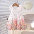 Floral girls summer dress with ruffles and matching straw hat set for vacation - 100 / Floral (With Hat)