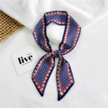 Narrow long floral silk scarf in dark blue with red blossoms and white diamond patterns - Chiffon Geometric Floral Deep Blue