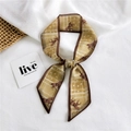 Yellow and brown horse print narrow silk scarf twilly tied in a decorative knot - Chiffon Horse Print Yellow