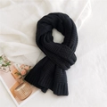 Thick black knitted waffle texture scarf for winter with classic ribbed ends - Black