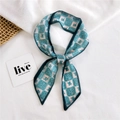Blue and pink floral checkered long silk scarf styled as a decorative hair tie - Chiffon Leaf Lattice Green
