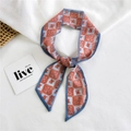 Floral plaid skinny scarf in red and white with blue trim for neck or bag handle - Chiffon Leaf Lattice Orange Red