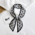 Narrow long silk scarf with black and white leaf print for hair and bag decoration - Chiffon Banana Leaf Black