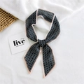 Elegant navy blue narrow silk scarf with white floral print and pink stitched edges - Chiffon Floral Navy Blue