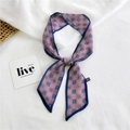 Lavender skinny silk scarf with blue geometric diamond pattern and navy borders - Chiffon Geometric Lattice Purple