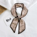 Narrow silk scarf for women featuring brown geometric grid pattern on beige background - Chiffon Grid Line Beige