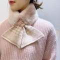 Pink faux fur neck warmer with knitted checkered bow detail and soft texture - Pink Houndstooth
