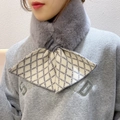 Light gray faux fur scarf featuring a knitted black and white checkered bow detail - Grey Rhombus