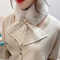 Winter faux fur neck warmer in oatmeal beige with a knitted crossover bow design - Khaki Houndstooth