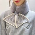 Grey faux rabbit fur scarf with knitted geometric pattern bow tie for winter warmth - Grey Triangle Stripe