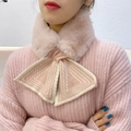 Pink knit cross scarf with fluffy faux rabbit fur collar and geometric jacquard pattern - Pink Triangle Stripe