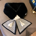 Winter faux fur cross scarf with black white geometric knit bow detail on leather - Black Beige Triangle Stripe