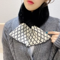 Winter cross neck scarf in black faux fur and black-white diamond knit pattern - Black White Rhombus