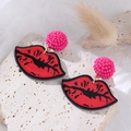 Chic red lip drop earrings with pink beaded spheres on a textured white stone base - Red