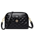 Quilted black leather crossbody bag with gold floral hardware and double zip closure - Black