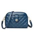 Navy blue quilted square crossbody bag with lychee texture and gold floral clasp - Blue