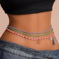 Three-layer bohemian glass seed bead waist chains with floral charm and blue tassel - Style 1 - 26351 (Set of 3 with Heart Tassel)